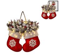 Christmas Socks Wreath With LED Lights & Red Berries Pine Cones Branches Twinkling Christmas Lighted Wreath Front Door Artificial Garland Xmas Hanging for Party Wall Decoration (A)