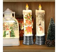 Christmas Sow LED Candle, Battery Operated Light Up Flameless LED Candle with Swriling Glitter Inside, Water Spinning Candle Snow Globe, Robin Christmas Candle with Stand