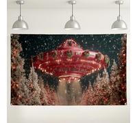 Christmas Spaceship Wall Backdrop, Retro Alien Spaceship Party Decorations, Red Winter Wonderland Indoor/Outdoor Photography Background for Holiday Events 71x43 Inch