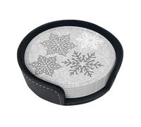 Christmas Sparkling Silver Gray And White Snowflakes,Set of 6 Round Coasters, Pu Leather Drinks Coasters with Holder for Home Office Kitchen