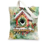 Christmas Sparrow Bird Canvas Tote Bag for Shopping 13 * 15, Fun Watercolor Birdhouse Reusable Grocery Bag for Women, Winter Travel Painting Gift Decoration