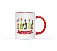 Christmas Spirit Mug - Festive Alcohol Rum Whiskey Bottle Secret Santa Stocking Filler Gift Present 11oz Ceramic Heavy Duty Handle Dishwasher Microwave Safe (Red Handle Prime)