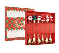 Christmas Spoons and Forks 6PCS Festive Stainless Steel Coffee Stir Spoons and Dessert Forks 6 Inch Tableware for Coffee Tea Soup Dessert Cake Hot Chocolate Red