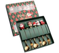 Christmas Spoons and Forks Set 6Pcs Santa, Reindeer Tea Spoons and Dessert Forks Stainless Steel Stirring Decor for Christmas Party, New Year Green Package Box