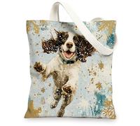 Christmas Springer Spaniel Dog Canvas Tote Bag for Shopping 13 * 15, Luxury Snowflakes Reusable Grocery Bag for Women, Pet Travel Painting Gift Decoration