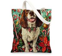 Christmas Springer Spaniel Dog Canvas Tote Bag for Shopping 13x15, Xmas Candy Poinsettia Puppy Reusable Grocery Print Bag for Women, Holiday Pet Beach Aesthetic Painting Gift Decor
