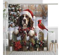 Christmas Springer Spaniel Dog Shower Curtain 72''x72'' with Hooks, Xmas Farmhouse Cardinal Puppy Bathroom Decor, Holiday Pet Bath Decoration Polyester Fabric