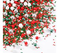 Christmas Sprinkles 130g, Edible Pearls for Cake Decorating, Red Green Silver Sugar Sprinkles, Mix Size Candy Pearls, Cupcake Topper Ice Cream Cookie Toppings On Christmas Themed Party Cakes And Bakes