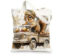 Christmas Squirrel Canvas Tote Bag for Shopping 13 * 15, Luxury Xmas Truck Reusable Grocery Shoulder Cloth Bag for Women, Animal Painting Gift Decoration