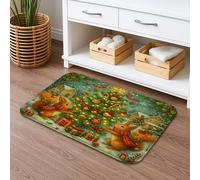Christmas Squirrel Decor Bath Mat, Festive Woodland Animals Pattern Absorbent Non Slip Shower Rug, Cozy Flannel Washable Bathroom Mats for Holiday Decor 20x32 Inch