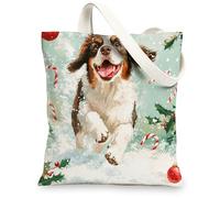 Christmas St. Bernard Dog Canvas Tote Bag for Shopping 13 * 15, Cute Funny Xmas Reusable Grocery Bag for Women, Pet Work Travel Painting Gift Decor