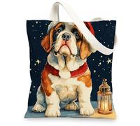 Christmas St. Bernard Dog Canvas Tote Bag for Shopping 13 * 15, Cute Xmas Stars Reusable Grocery Shoulder Bag for Women, Pet Painting Gift Decor