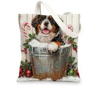 Christmas St. Bernard Dog Canvas Tote Bag for Shopping 13 * 15, Cute Xmas Wood Reusable Grocery Bag for Women, Pet Work Travel Pattern Gift Decor