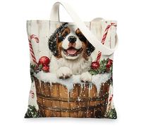 Christmas St. Bernard Dog Canvas Tote Bag for Shopping 13 * 15, Cute Xmas Wood Reusable Grocery Bag for Women, Pet Work Travel Painting Gift Decor