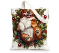 Christmas St. Bernard Dog Canvas Tote Bag for Shopping 13 * 15, Fun Xmas Hollies Reusable Grocery Bag for Women, Pet Work Travel Painting Gift Decor