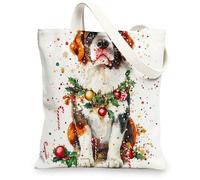 Christmas St. Bernard Dog Canvas Tote Bag for Shopping 13 * 15, Funny Xmas Balls Reusable Grocery Bag for Women, Pet Work Travel Pattern Gift Decor