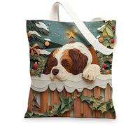 Christmas St. Bernard Dog Canvas Tote Bag for Shopping 13 * 15, Xmas Novelty Forest Reusable Grocery Bag for Women, Pet Work Travel Pattern Gift Decor
