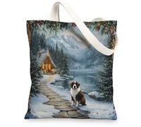 Christmas St. Bernard Dog Canvas Tote Bag for Shopping 13 * 15, Xmas Snowy Scene Reusable Grocery Shoulder Bag for Women, Pet Painting Gift Decor