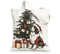 Christmas St. Bernard Dog Canvas Tote Bag for Shopping 13 * 15, Xmas Tree Gifts Reusable Grocery Bag for Women, Pet Work Travel Painting Gift Decor