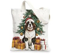 Christmas St. Bernard Dog Canvas Tote Bag for Shopping 13 * 15, Xmas Tree Gifts Reusable Grocery Bag for Women, Pet Work Travel Pattern Gift Decor