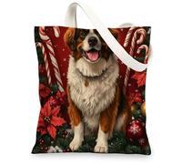 Christmas St. Bernard Dog Canvas Tote Bag for Shopping 13x15, Xmas Candy Poinsettia Puppy Reusable Grocery Print Bag for Women, Holiday Pet Beach Aesthetic Painting Gift Decor
