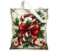 Christmas Stained Glass Candy Cane Canvas Tote Bag 13x15 Inch | Stained Glass Art, Holly Leaves, Winter Seasonal Theme, Holiday Carryall, Classic Red And Green