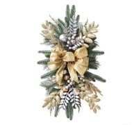 Christmas Staircase Decoration Pre-Lit Bow Garland with | Pine Cones and Berries, for battery Operated Festive Door Hanging Ornament for Indoor Outdoor Holiday Decor, Red Gold Blue