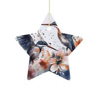 Christmas Star Ornaments - Art with Lily Flowers Birds WatercolorPersonalized Ceramic Hanging Decor for Xmas Tree Home Fireplace Wall Party Decoration, Festive Holiday Star Shaped Ornaments Gift