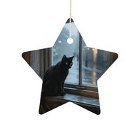 Christmas Star Ornaments - Melancholy Black CatPersonalized Ceramic Hanging Decor for Xmas Tree Home Fireplace Wall Party Decoration, Festive Holiday Star Shaped Ornaments Gift