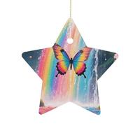 Christmas Star Ornaments - Rainbow - Winged Butterfly by FallsPersonalized Ceramic Hanging Decor for Xmas Tree Home Fireplace Wall Party Decoration, Festive Holiday Star Shaped Ornaments Gift