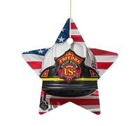 Christmas Star Ornaments - Red Stripe Firefighter USA FlagPersonalized Ceramic Hanging Decor for Xmas Tree Home Fireplace Wall Party Decoration, Festive Holiday Star Shaped Ornaments Gift