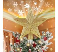 Christmas Star Tree Topper Projector, Lighted 3D Star Tree Top with Rotating LED Snowflake Projection, Glitter Gold Xmas Tree Decoration, Easy Setup for Holiday Home Christmas Party Décor