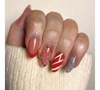 Christmas Stick on Nails - 24PCS Red French Tip False Nails - Long Press on nails Almond - Strong Glue on Nails - Full Cover Nude & Glitter Fake nails Candy Stripes Nail Art Design