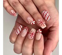 Christmas Stick on Nails, Red Press on Nails with Glue, 24Pcs Medium Square False Nails with Festive Red Candy, Snowflake & Stripe Designs, Fake Nail Full Cover Manicure Set for Women, Festive Gift