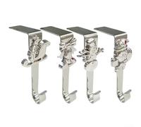 Christmas Stocking Hooks Set of 4 - Right Angle Mantel Hooks for Holiday Decorations, Rust-Resistant Iron Design with Snowman, Bell & Pegasus Patterns(silver)