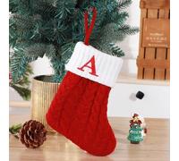 Christmas Stocking, Knitted Festive Sock with Embroidered Letter, Personalized Christmas Stockings, Hanging Stocking for Fireplace & Tree Decor, Personalised Gift Bag (A)