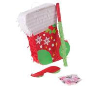 Christmas Stocking Pinata, Candy Fillable Pull String Party Decoration | Paper Construction, Preinstalled Cavity, Includes Blindfold, Bat and Confetti, Red Green Festive Random Color