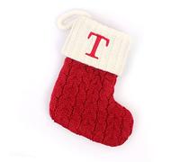 Christmas Stocking with Letter Monogram - Mini Cute Decorative Socks, Knitted Plush Gift Stocking for Family Holiday Party Decor (Red T, One Size)