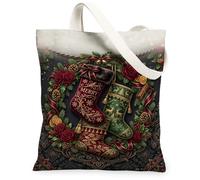 Christmas Stocking Wreath Floral Quote Stockings Canvas Tote Bag 13x15 Inch | Red Roses, Pine Cones, Dried Orange Slices, Classic Wreath, Seasonal Decor, Rustic Linen Texture, Winter Aesthetic