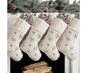 Christmas Stockings 4 Pack 19 Inch, Large Faux Fur Xmas Stocking With Gold Sequin Snowflakes For Family, Country Rustic Personalized Holiday Indoor De