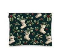 Christmas Stockings Makeup Bag, Vintage Rustic Cosmetic Travel Pouch for Women, Portable Small Canvas Zipper Organizer, Holiday Skincare Toiletry Bag, Dark Green, 7x9 Inch, Christmas Stockings