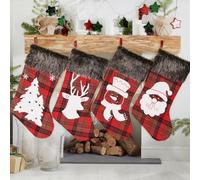 Christmas Stockings Pack of 4 with Classic Plaid and For Holiday Character Patterns of Santa, Deer, Snowman, and Tree for Seasonal Decoration