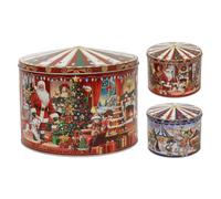 Christmas Storage Tin, Festive Carousel Biscuit Tin, 20 cm, Assorted | Christmas storage tin, food-safe biscuit storage, round metal design, carousel illustration, 20 cm, colour supplied at random