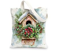 Christmas Storks Bird Canvas Tote Bag for Shopping 13 * 15, Fun Watercolor Birdhouse Reusable Grocery Bag for Women, Winter Travel Pattern Gift Decoration