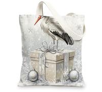 Christmas Storks Bird Canvas Tote Bag for Shopping 13 * 15, Luxury Xmas Gifts Box Reusable Grocery Bag for Women, Winter Travel Painting Gift Decoration