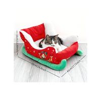 (Christmas Style) Christmas Sled Cat & Dog Bed - Winter Warm Pet Bed with Removable Washable Cover, Soft Cushioned Pad, Green/Red/White Sleigh Design & Holly Berry Trim