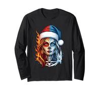Christmas Sugar Skull Art Woman Santa Hat Fantasy Style Long Sleeve T-Shirt