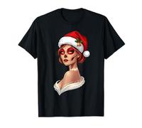 Christmas Sugar Skull Art Woman Santa Hat Festive for Women T-Shirt