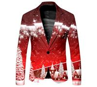 Christmas Suit Jacket for Men Xmas Tree Santa Reindeer Snowflake Print Suit Jackets Stylish Lapel Neck One Button Slim Fit Suit Jacket Mens Suit Jacket for Festival Holiday (L)