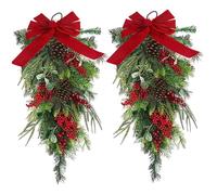 Christmas Swag, 2pcs 45cm Artificial Teardrop Swags with Red Bow, Red Berriers & Pine Cones, Front Door Hanging Wreath for Christmas Holiday Decorations